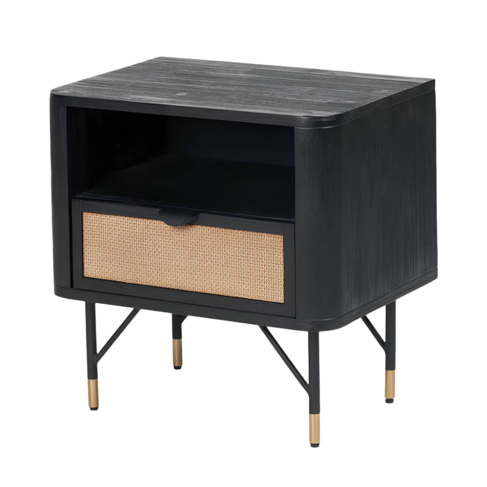 Fiji Black Acacia Wood & Natural Rattan Bedside Table